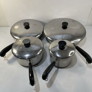 Vtg Revere Ware 1801 Copper Bottom Set 8pc Pots Pans w/Lids USA Made Stainless